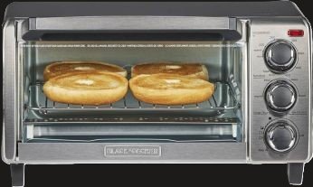 Black Decker toaster oven review photo showing the stainless steel oven on a kitchen counter